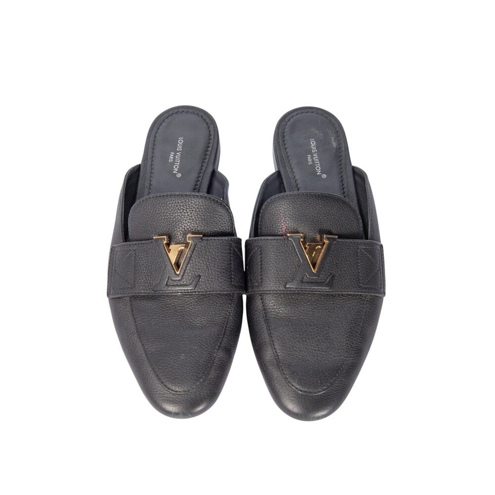 LOUIS VUITTON Black Leather LV Mare Open Back Loafers Size 37 - Picture 2 of 4
